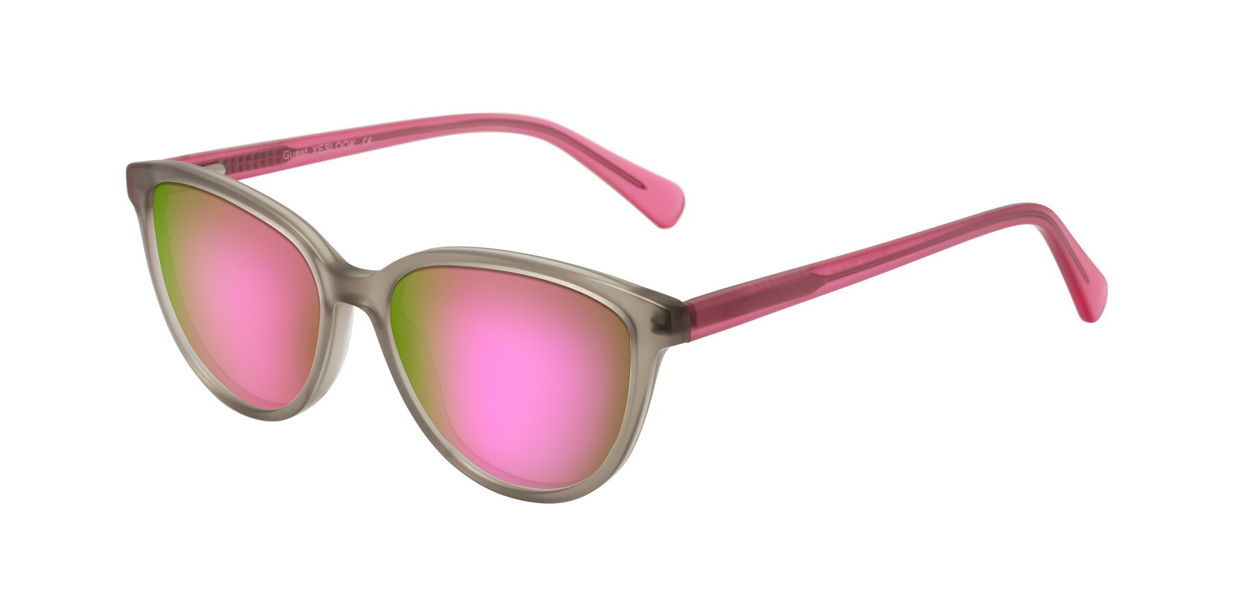 Angle of Guest in Pale Olive-Pink with Pink Mirrored Lenses