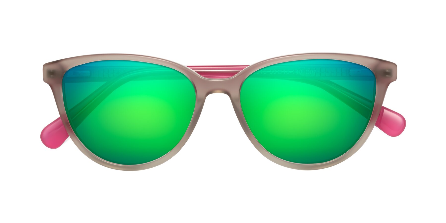 Folded Front of Guest in Pale Olive-Pink with Green Mirrored Lenses