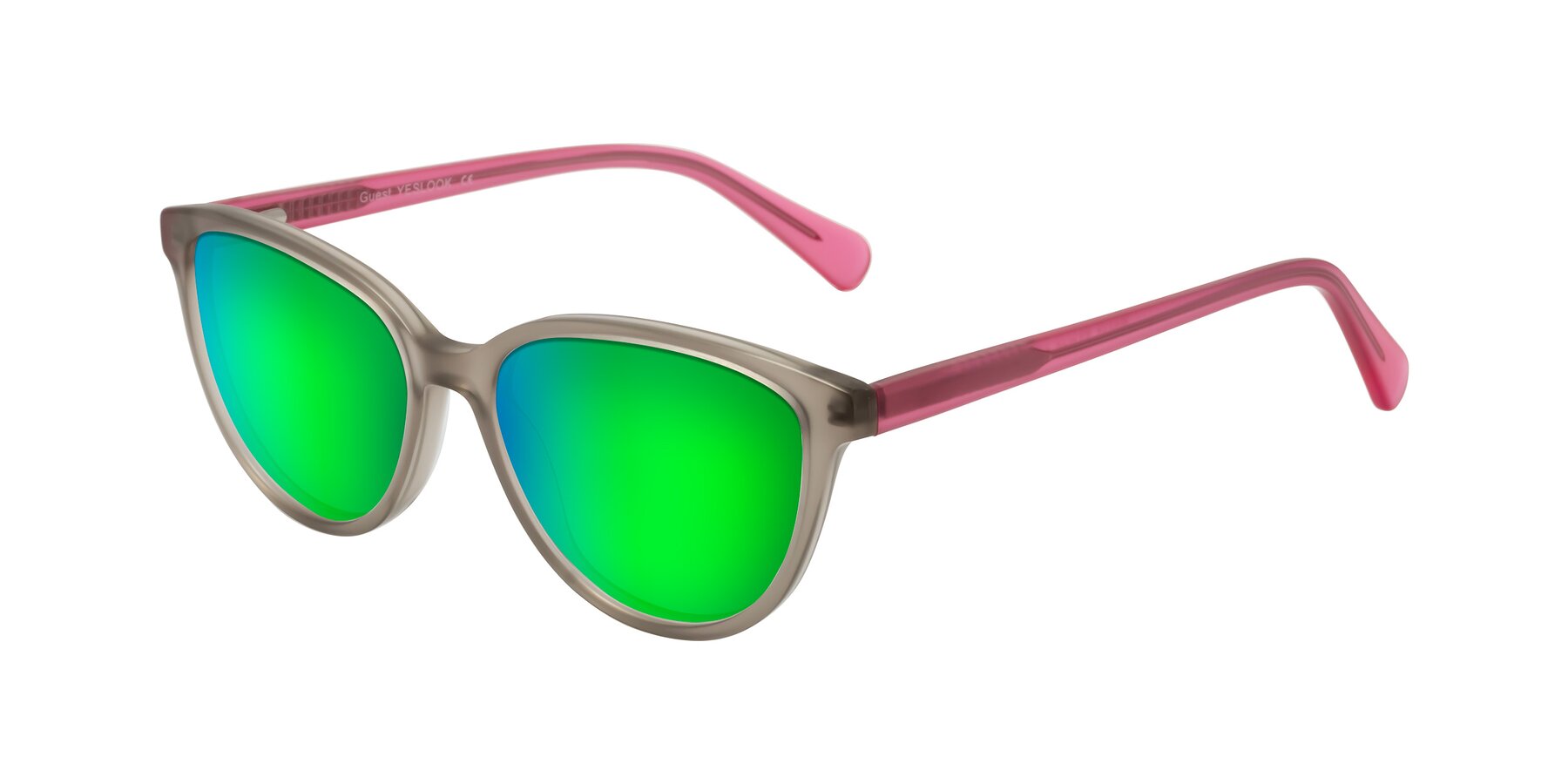 Angle of Guest in Pale Olive-Pink with Green Mirrored Lenses