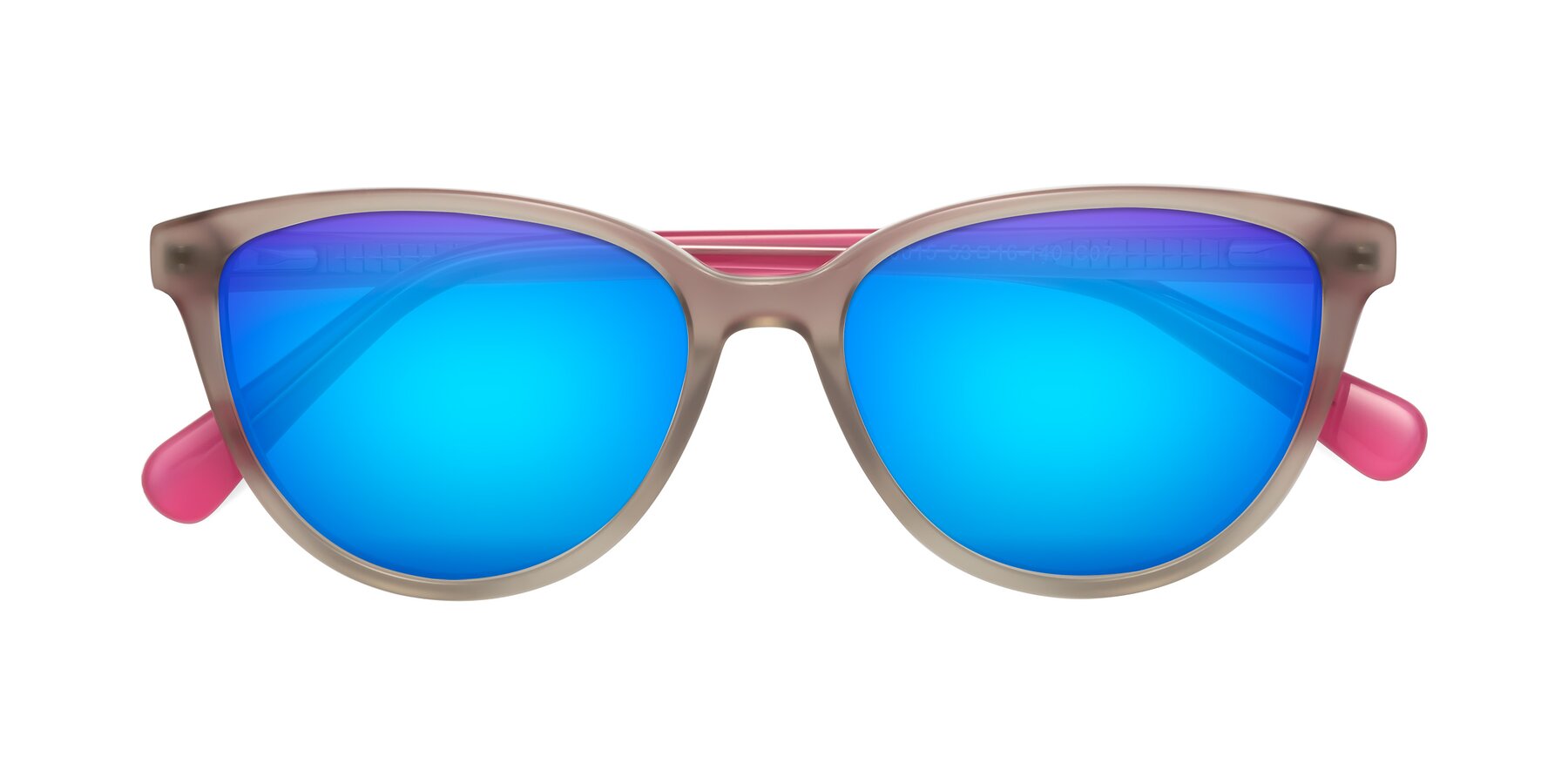 Folded Front of Guest in Pale Olive-Pink with Blue Mirrored Lenses