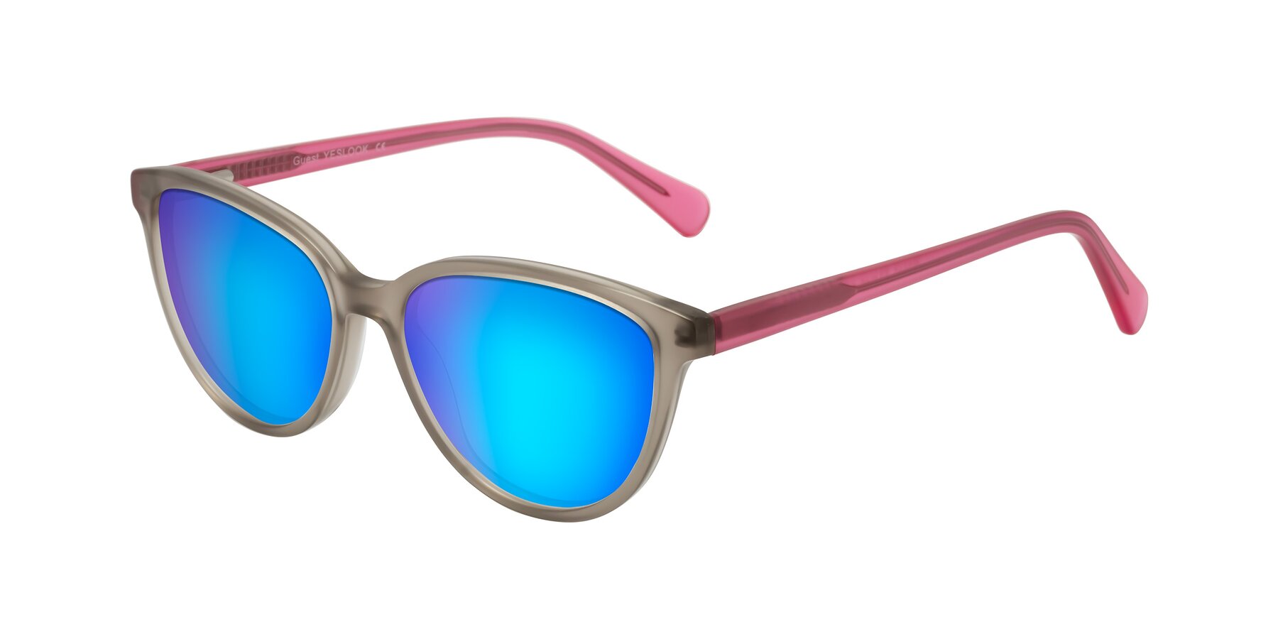 Angle of Guest in Pale Olive-Pink with Blue Mirrored Lenses