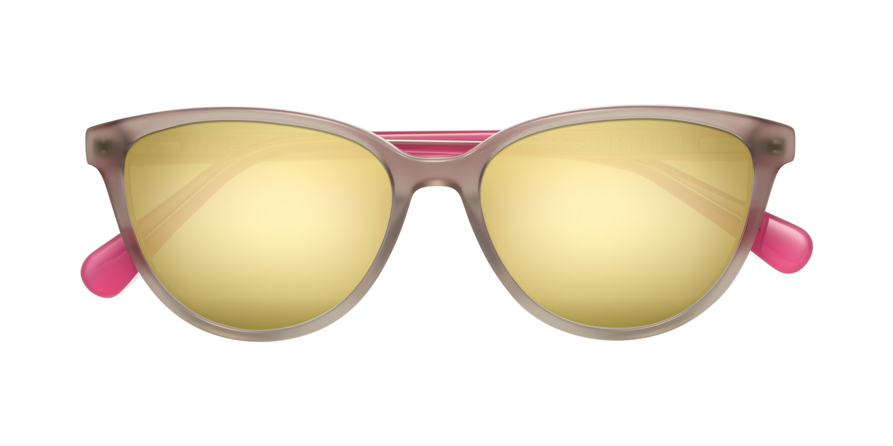 Folded Front of Guest in Pale Olive-Pink with Gold Mirrored Lenses