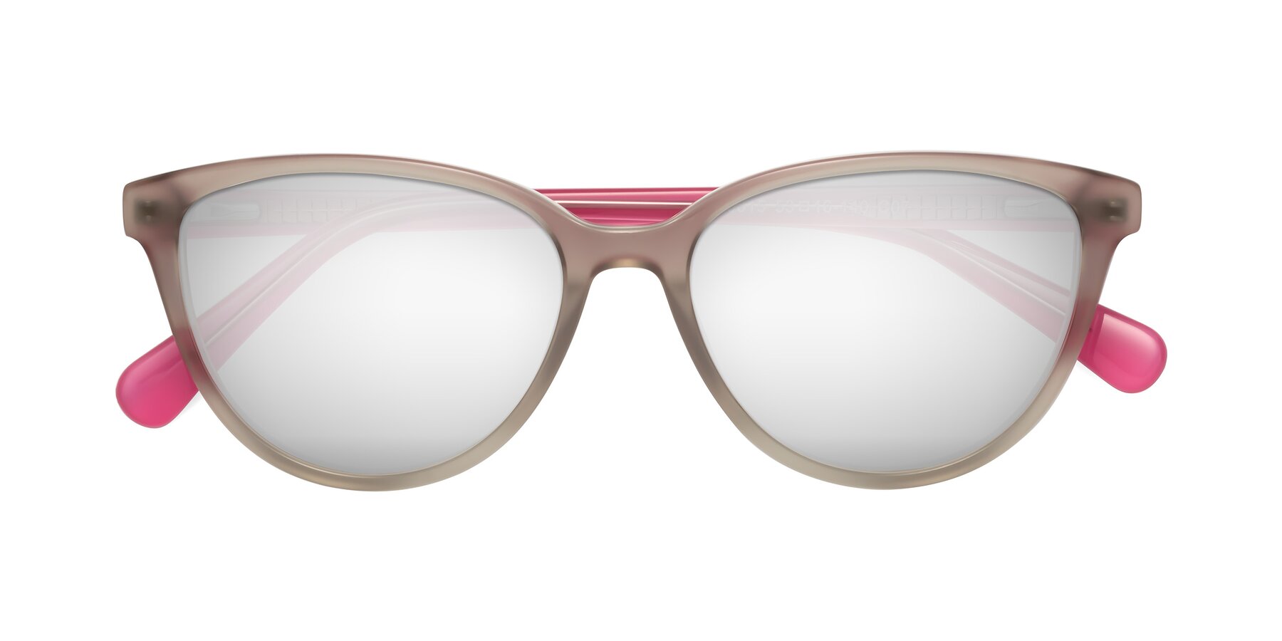 Folded Front of Guest in Pale Olive-Pink with Silver Mirrored Lenses