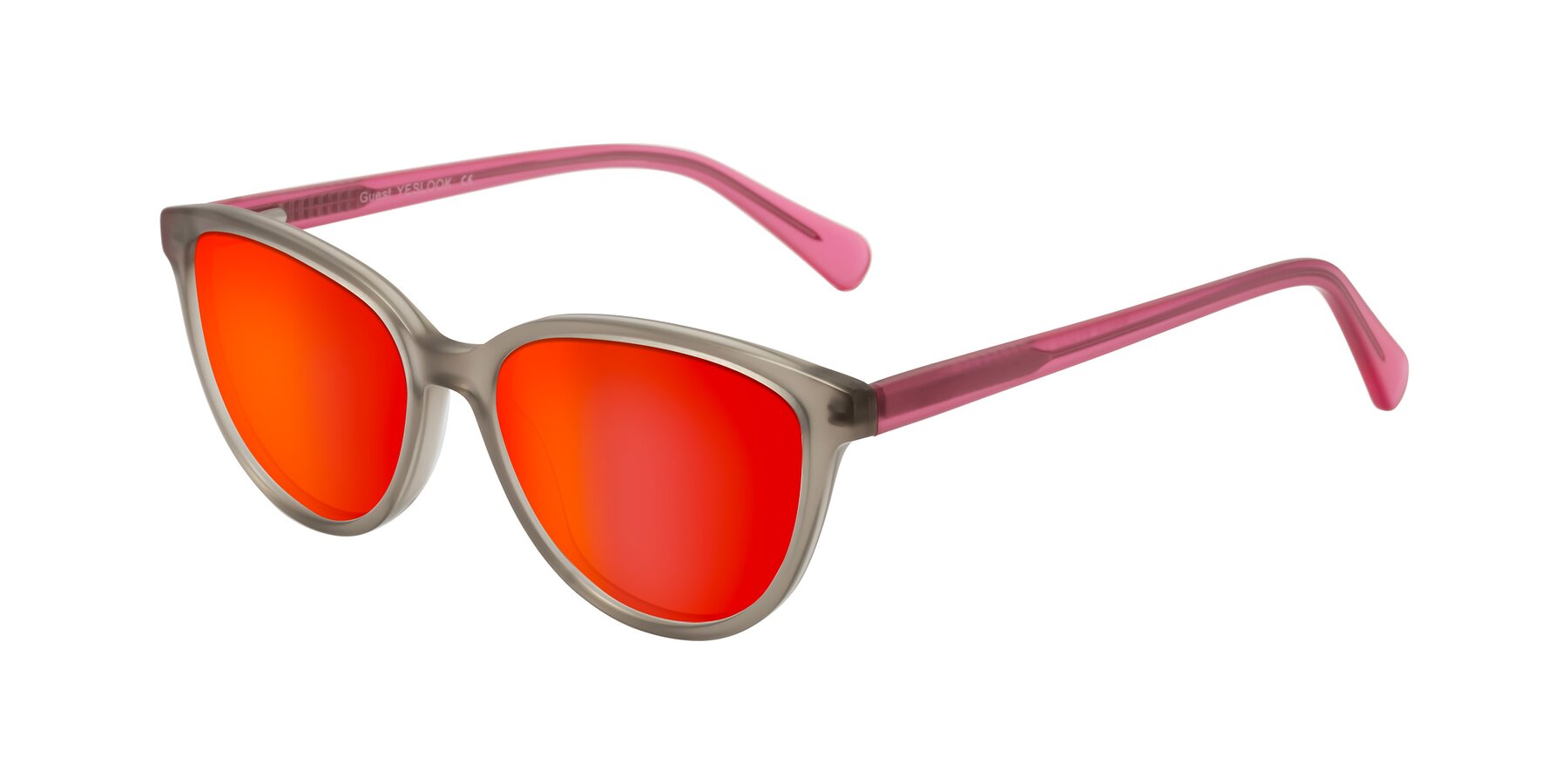 Angle of Guest in Pale Olive-Pink with Red Gold Mirrored Lenses