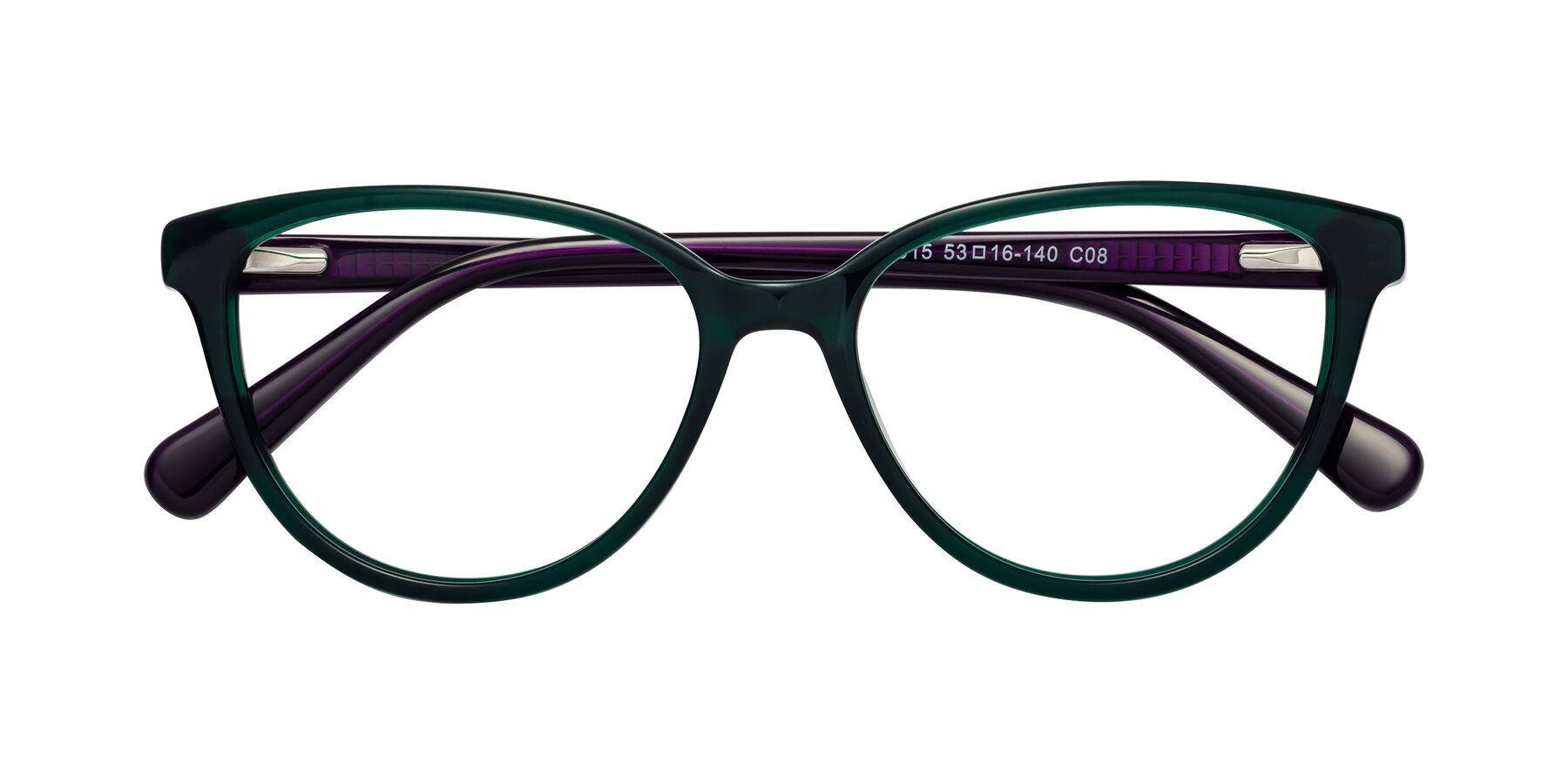 Folded Front of Guest in Green-Purple with Clear Eyeglass Lenses