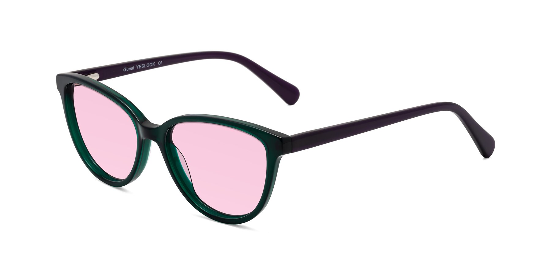 Angle of Guest in Green-Purple with Light Pink Tinted Lenses