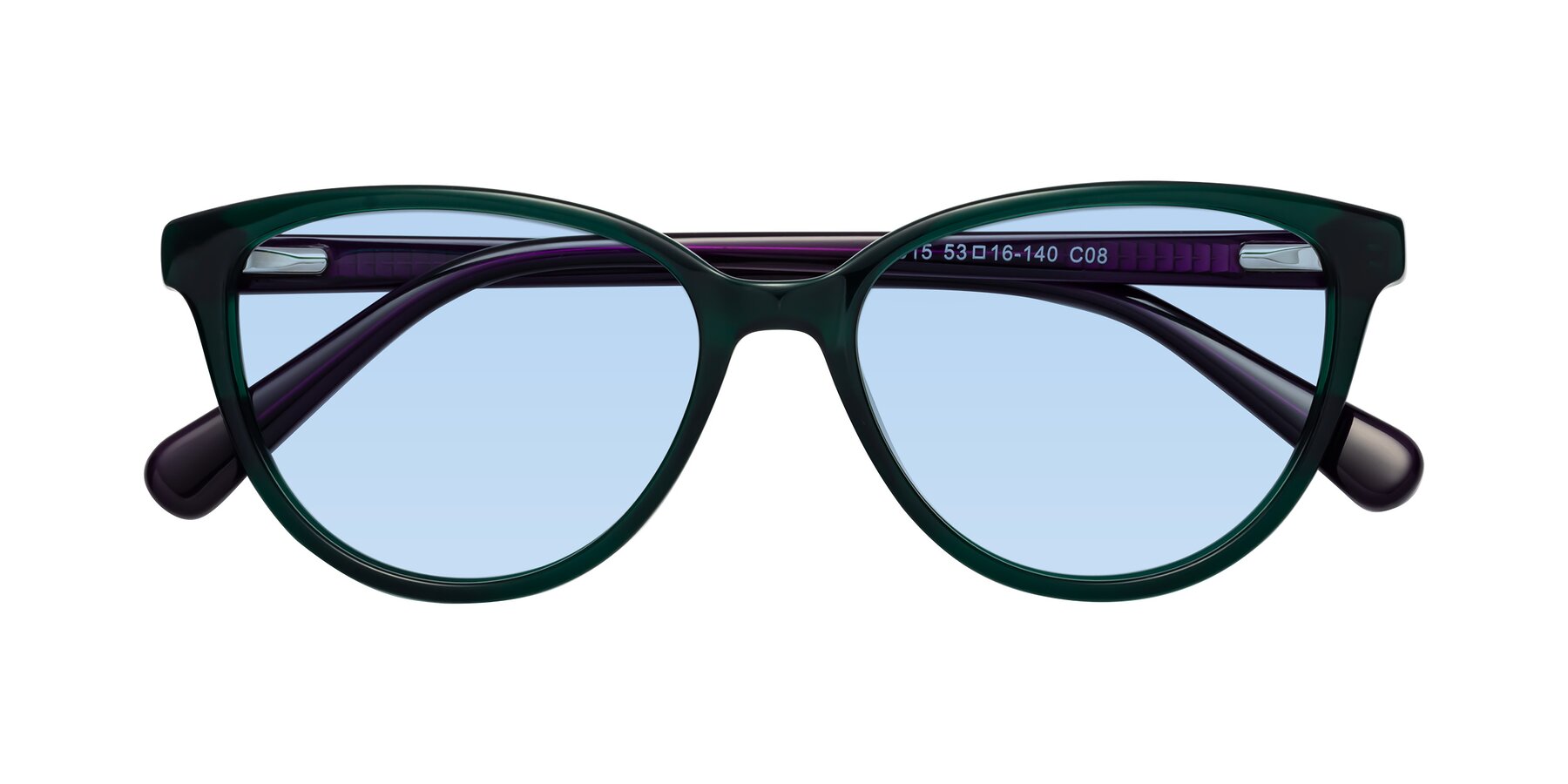 Folded Front of Guest in Green-Purple with Light Blue Tinted Lenses