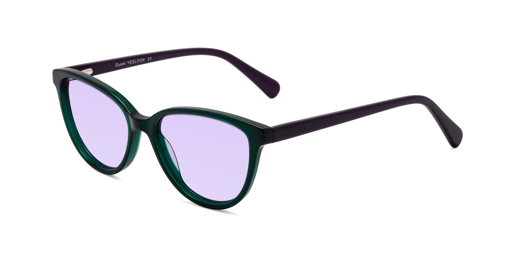 Angle of Guest in Green-Purple with Light Purple Tinted Lenses