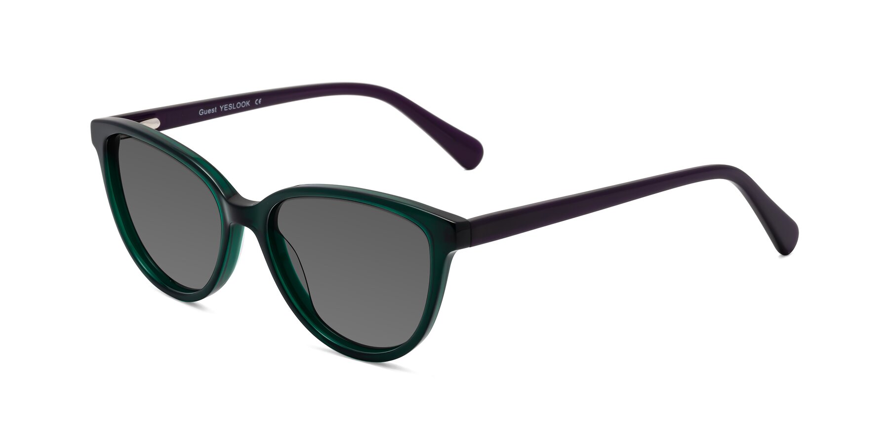 Angle of Guest in Green-Purple with Medium Gray Tinted Lenses