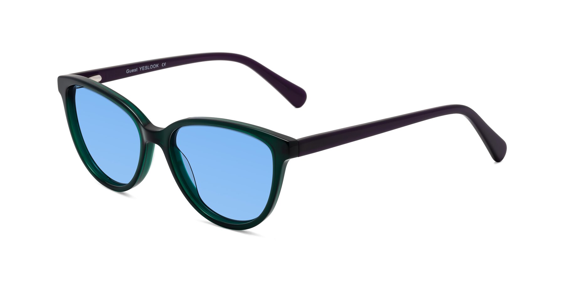 Angle of Guest in Green-Purple with Medium Blue Tinted Lenses