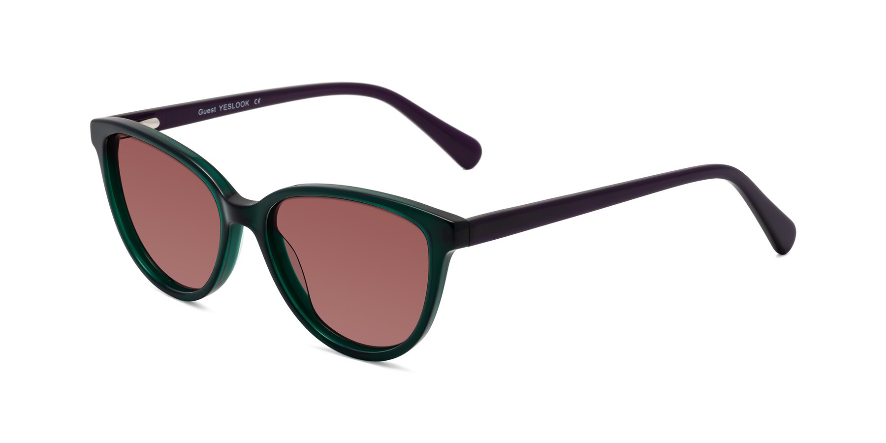 Angle of Guest in Green-Purple with Garnet Tinted Lenses