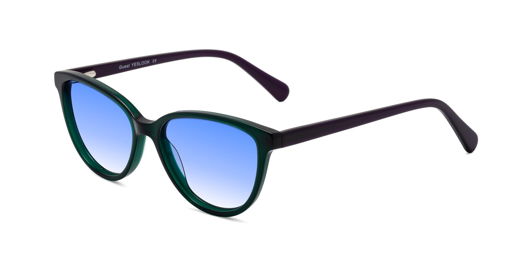 Angle of Guest in Green-Purple with Blue Gradient Lenses