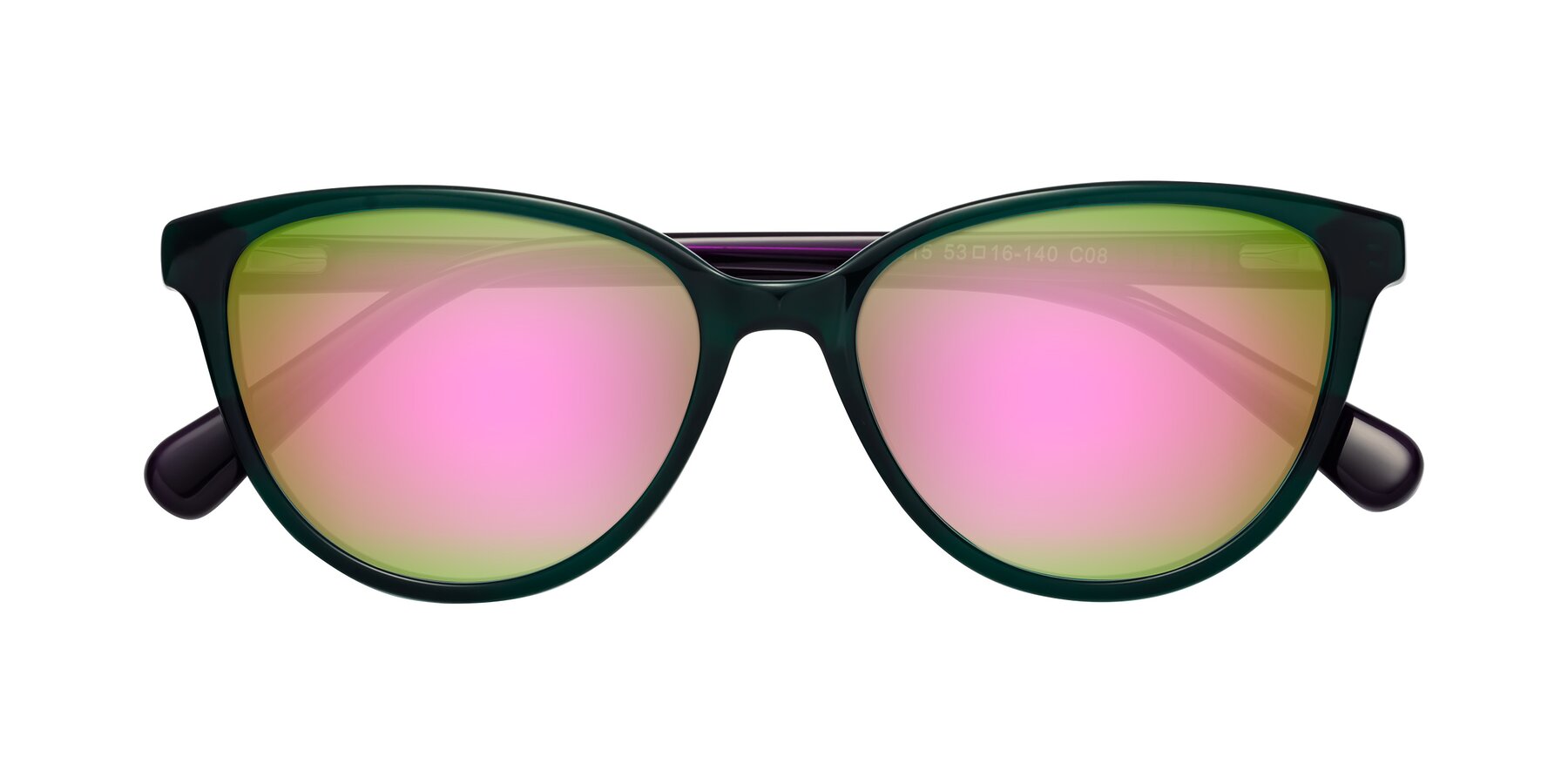 Folded Front of Guest in Green-Purple with Pink Mirrored Lenses