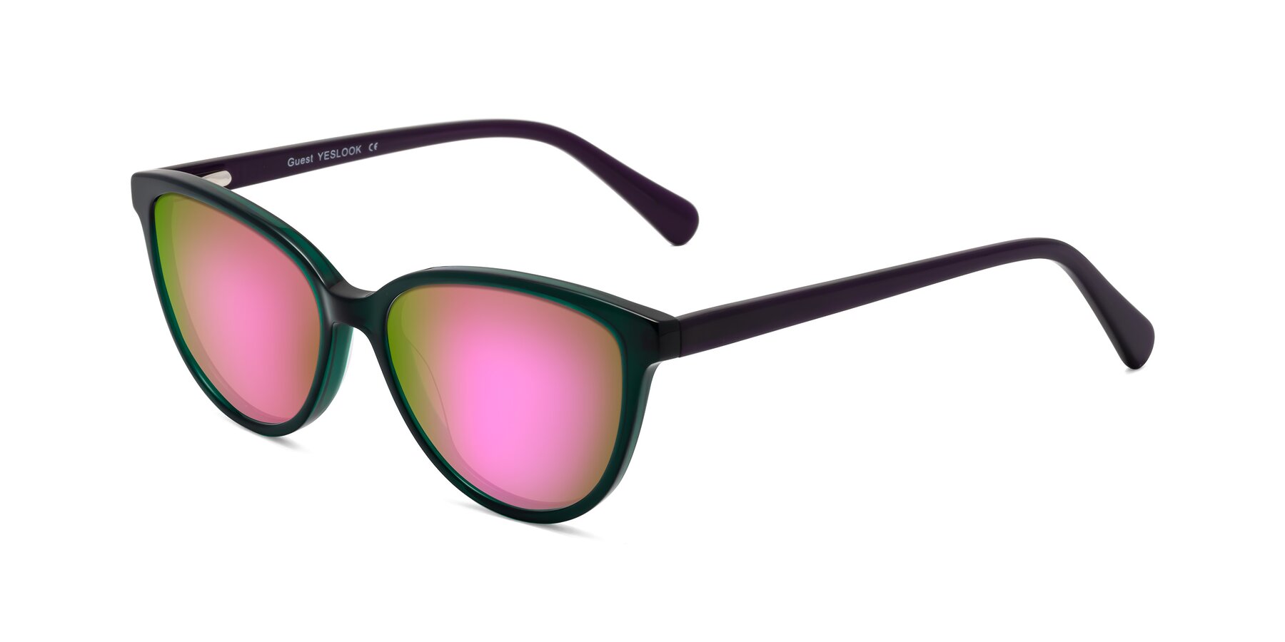 Angle of Guest in Green-Purple with Pink Mirrored Lenses