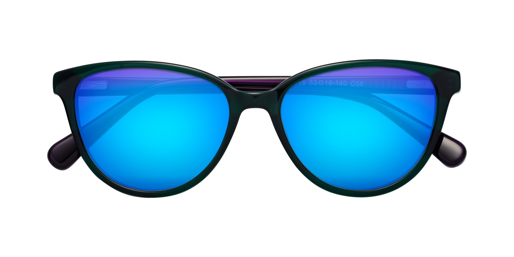 Folded Front of Guest in Green-Purple with Blue Mirrored Lenses