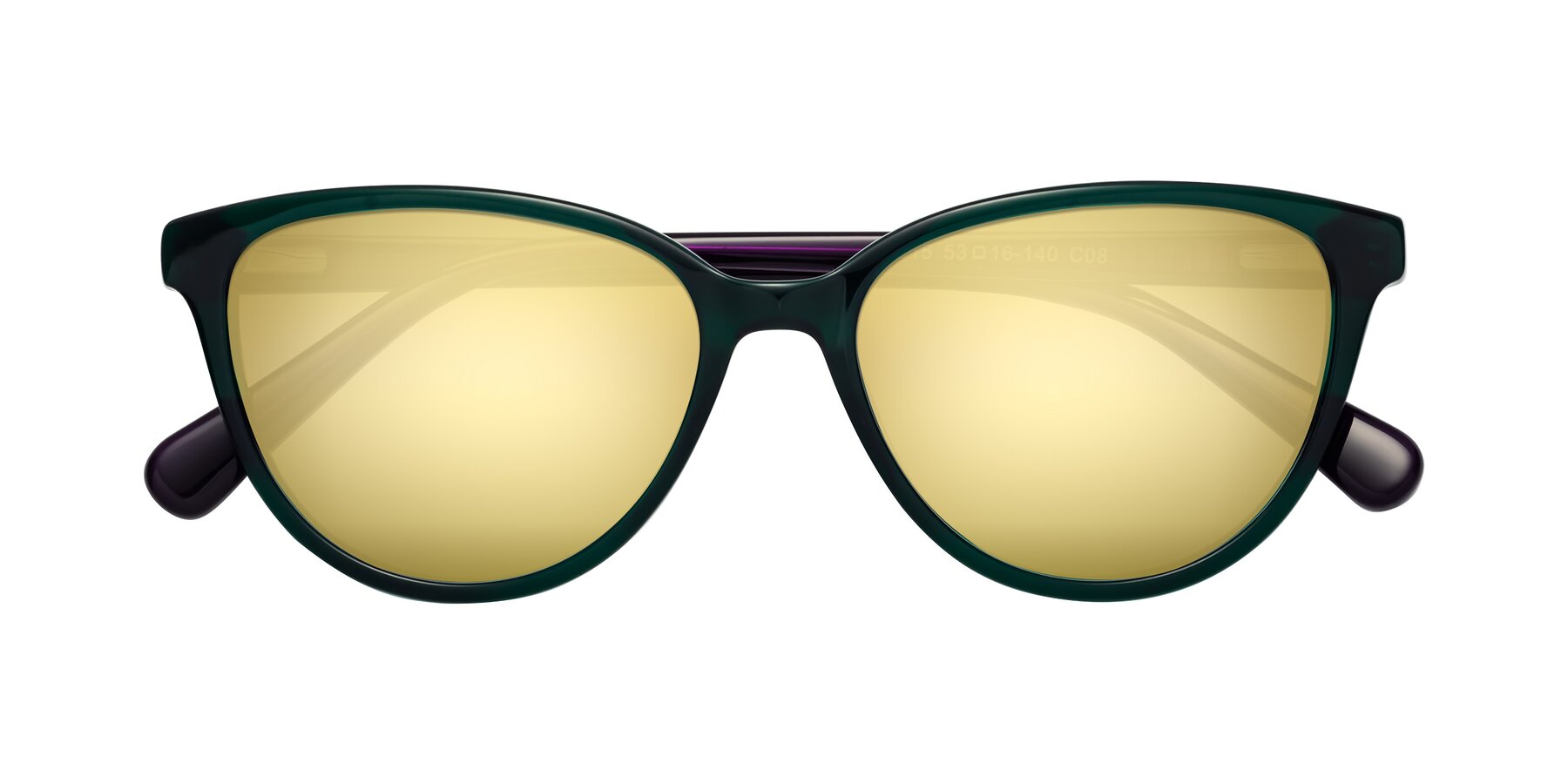 Folded Front of Guest in Green-Purple with Gold Mirrored Lenses