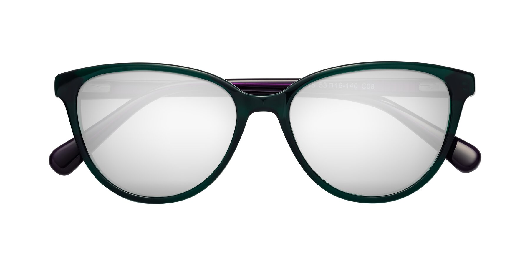 Folded Front of Guest in Green-Purple with Silver Mirrored Lenses