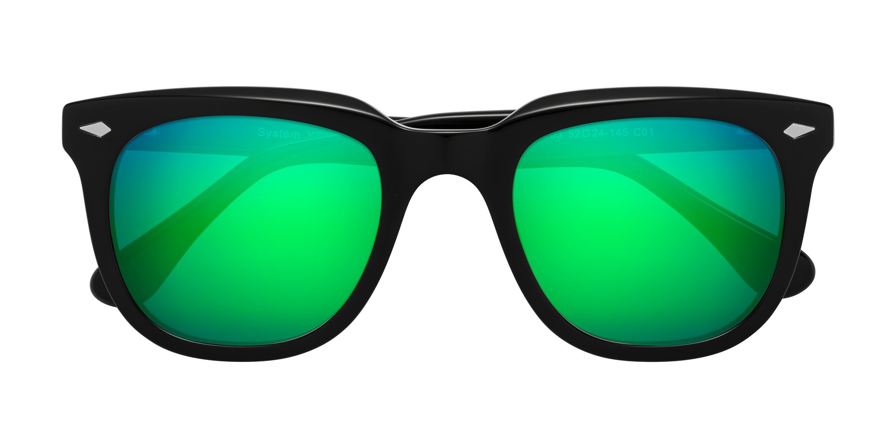 Folded Front of System in Black with Green Mirrored Lenses