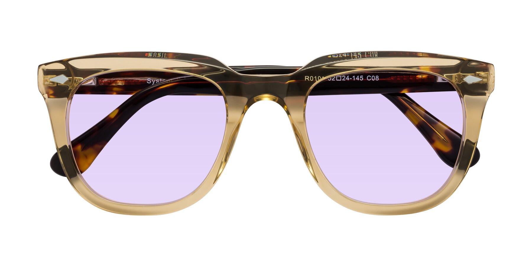 Folded Front of System in Champagne/Tortoise with Light Purple Tinted Lenses