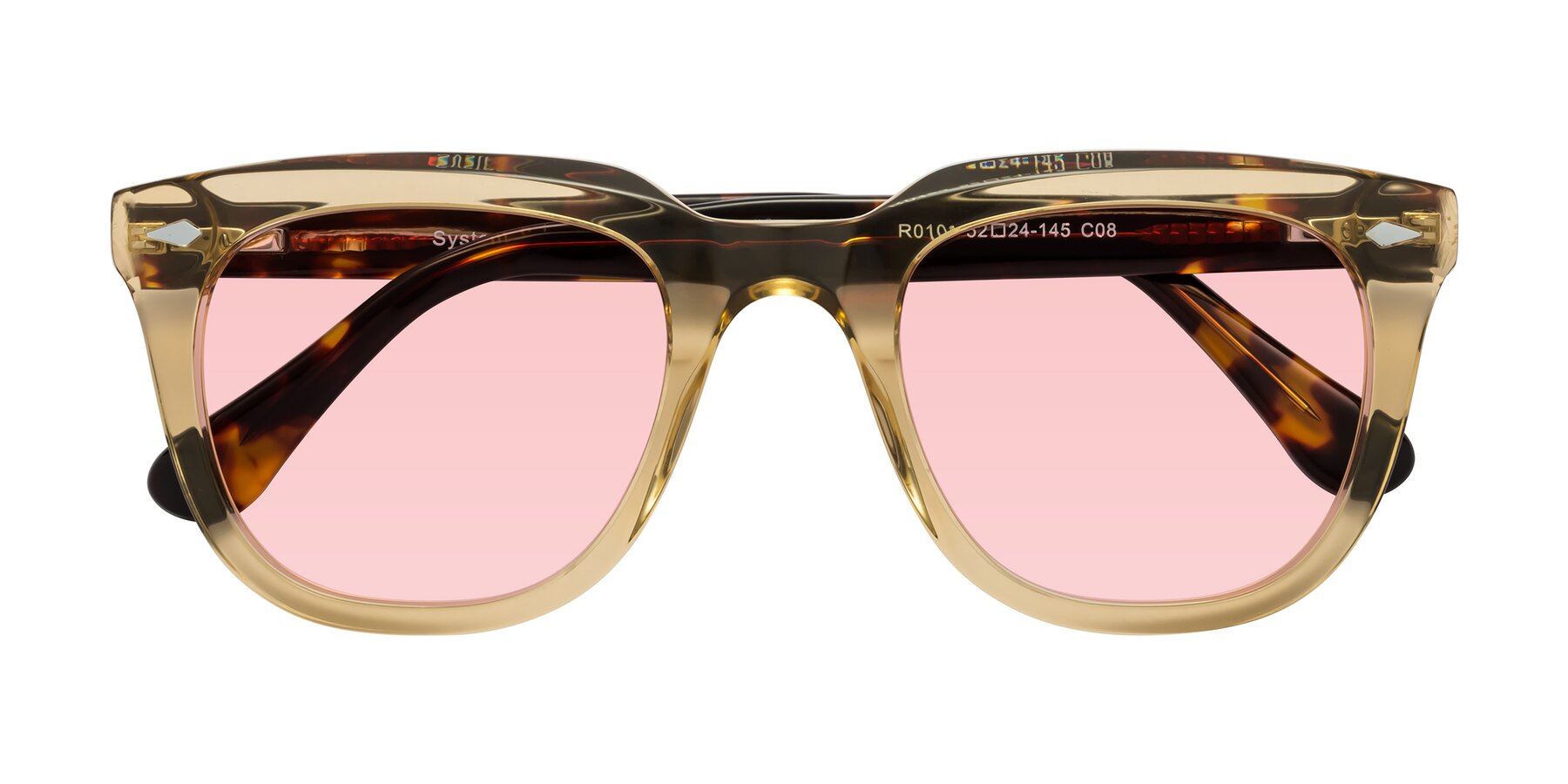 Folded Front of System in Champagne-Tortoise with Light Garnet Tinted Lenses