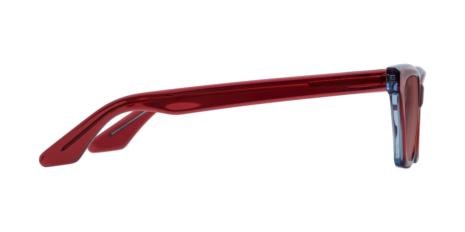 Side of Discolor in Red/Light Blue with Garnet Tinted Lenses
