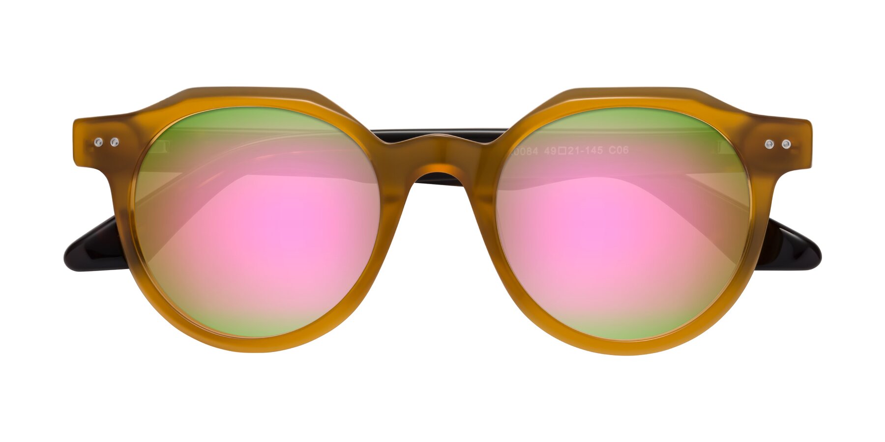 Folded Front of Jeans in Honey-Tortoise with Pink Mirrored Lenses