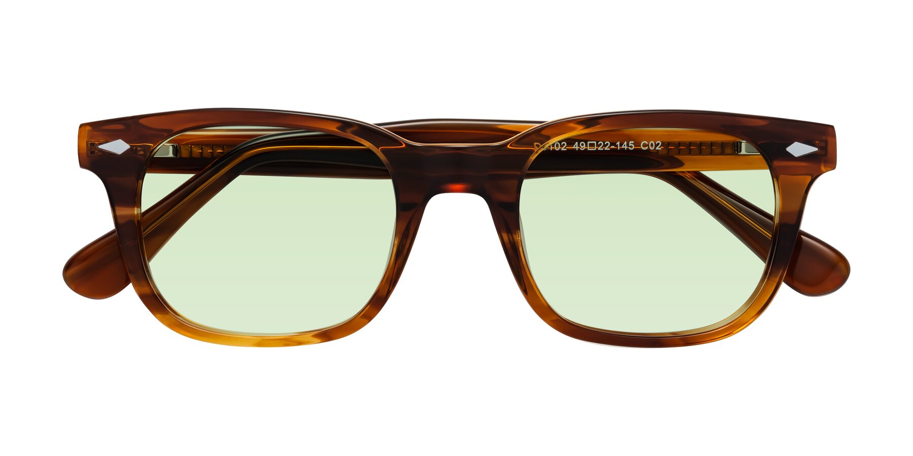Folded Front of Raemo in Cola Brown Striped with Light Green Tinted Lenses