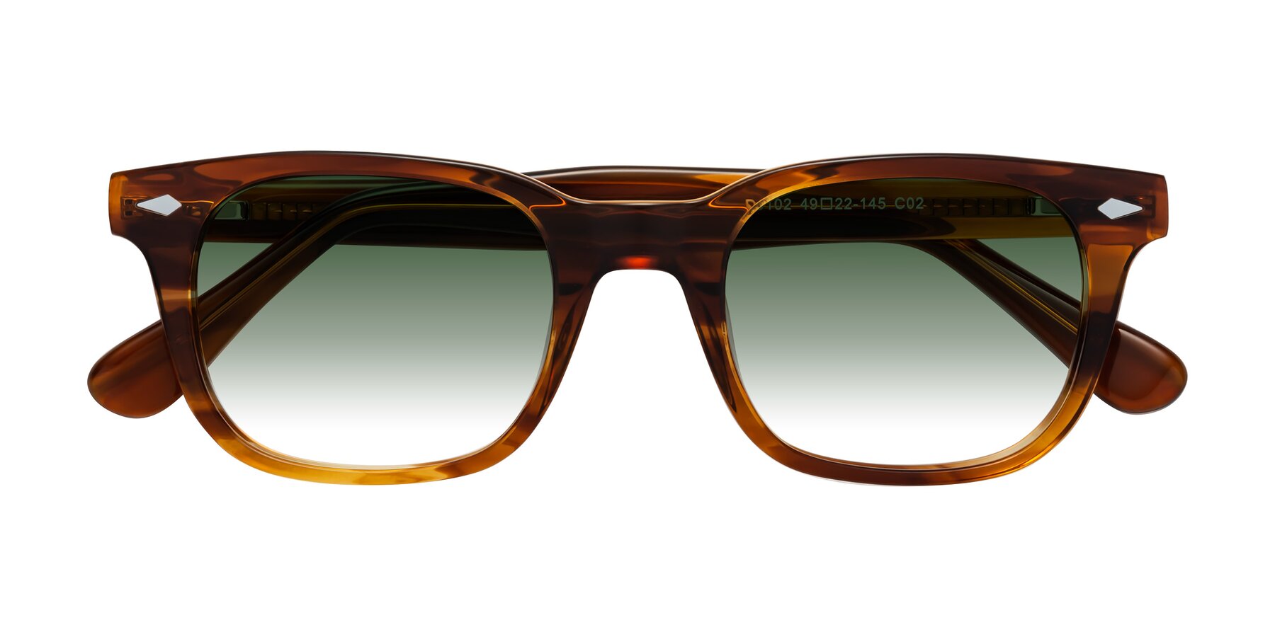 Folded Front of Raemo in Cola Brown Striped with Green Gradient Lenses