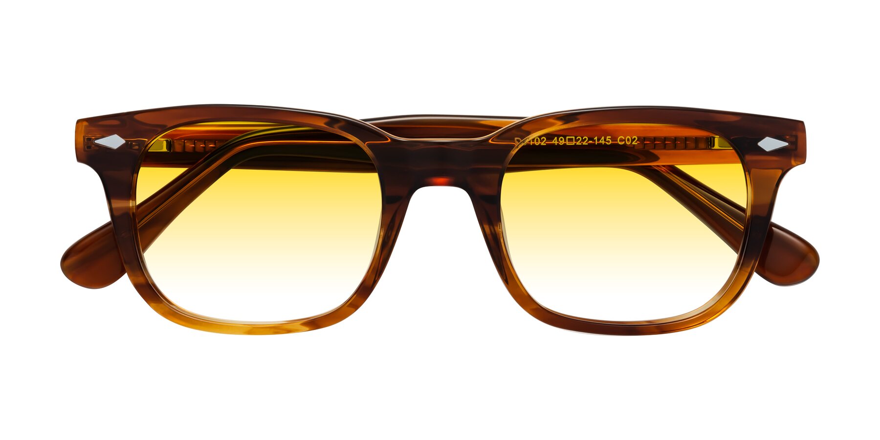 Folded Front of Raemo in Cola Brown Striped with Yellow Gradient Lenses