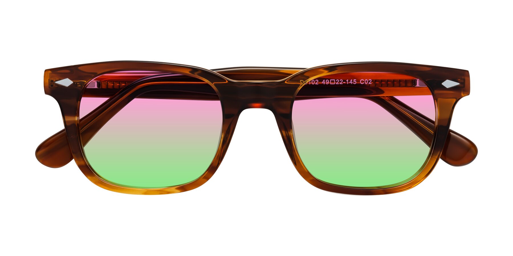 Folded Front of Raemo in Cola Brown Striped with Pink / Green Gradient Lenses
