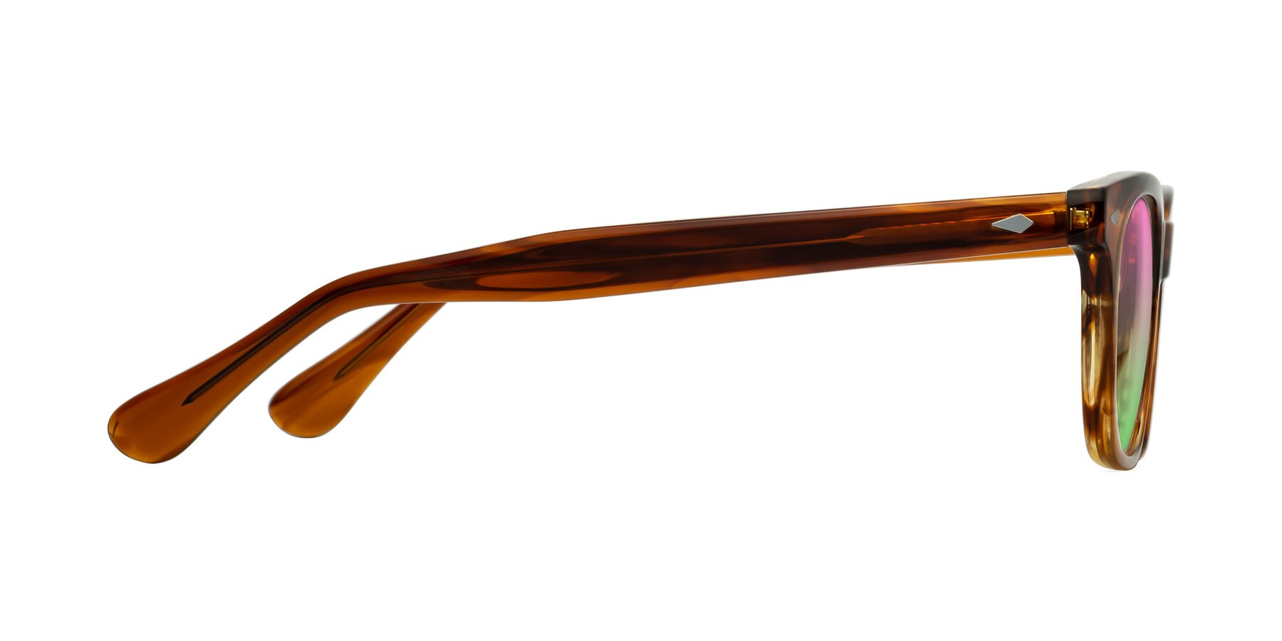 Side of Raemo in Cola Brown Striped with Pink / Green Gradient Lenses