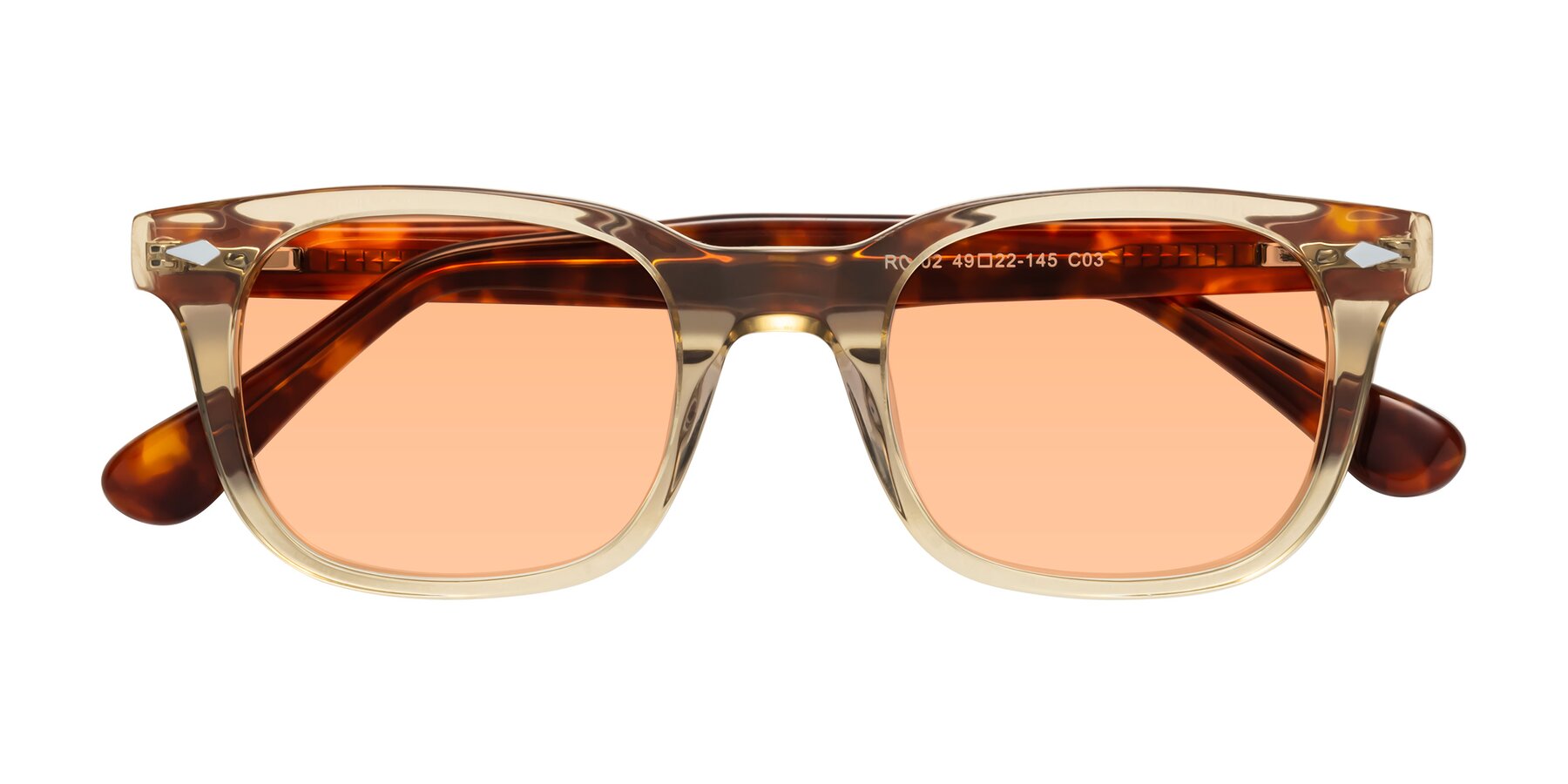 Folded Front of Raemo in Champagne/Tortoise with Light Orange Tinted Lenses