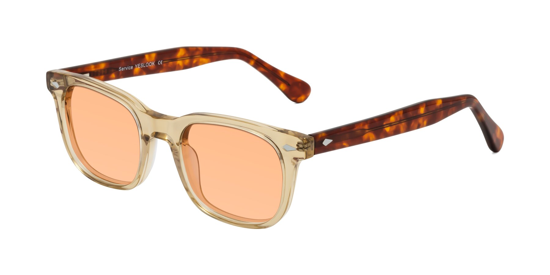 Angle of Raemo in Champagne/Tortoise with Light Orange Tinted Lenses