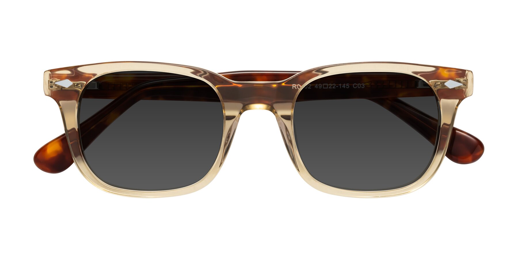 Folded Front of Raemo in Champagne/Tortoise with Gray Tinted Lenses