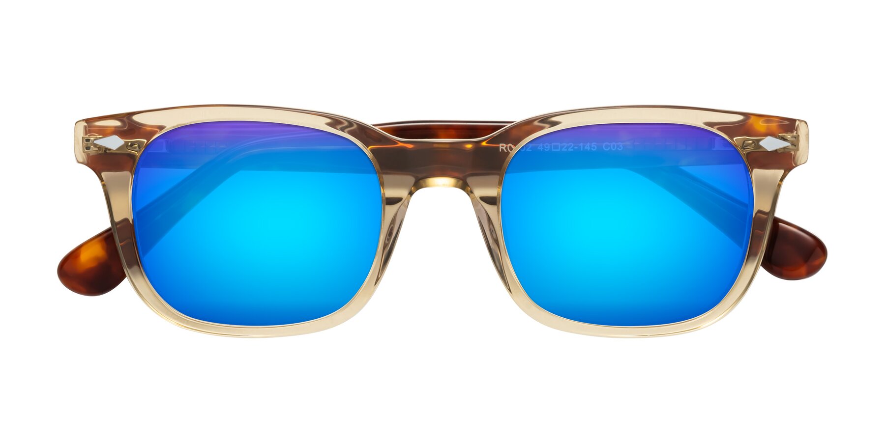 Folded Front of Raemo in Champagne/Tortoise with Blue Mirrored Lenses
