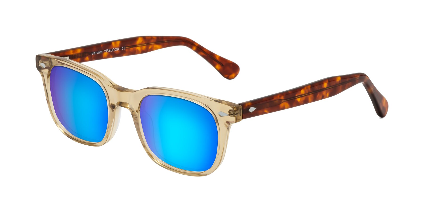 Angle of Raemo in Champagne/Tortoise with Blue Mirrored Lenses