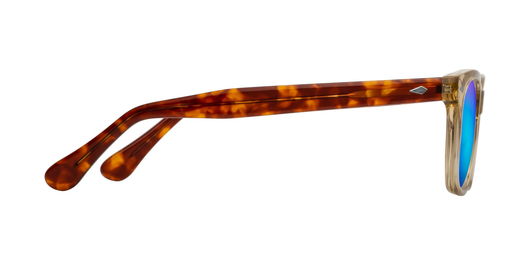 Side of Raemo in Champagne/Tortoise with Blue Mirrored Lenses