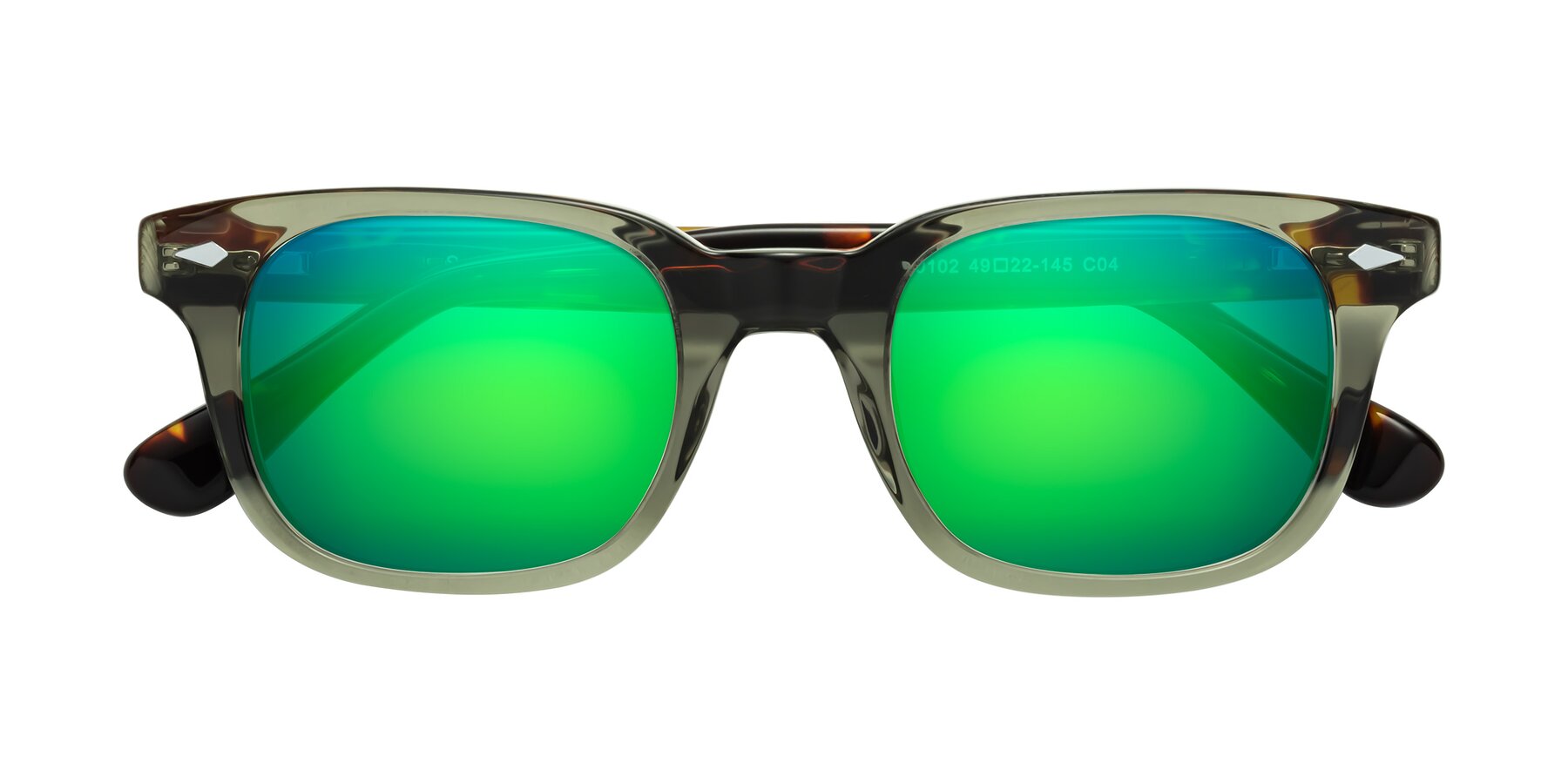 Folded Front of Raemo in Grayish Green-Tortoise with Green Mirrored Lenses