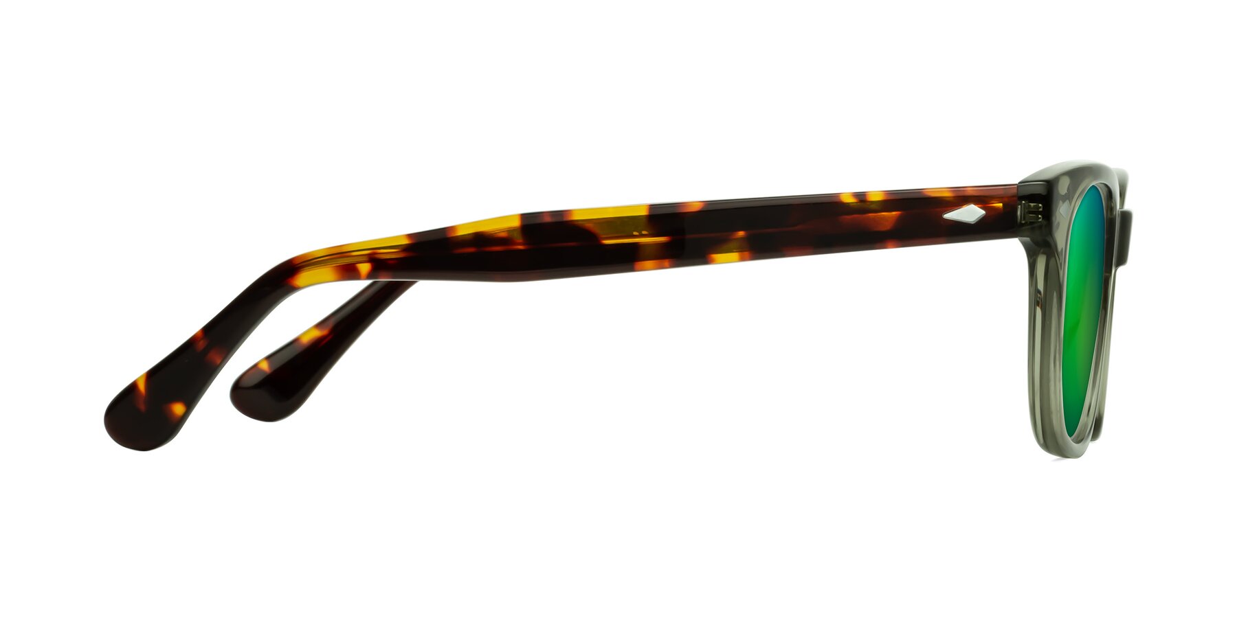 Side of Raemo in Grayish Green-Tortoise with Green Mirrored Lenses