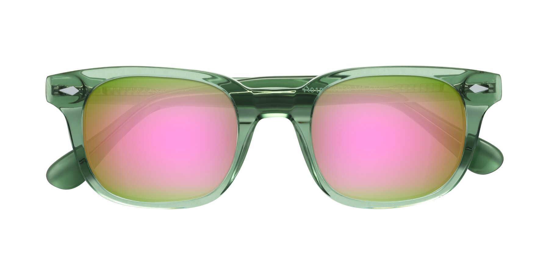 Folded Front of Raemo in Transparent Green with Pink Mirrored Lenses