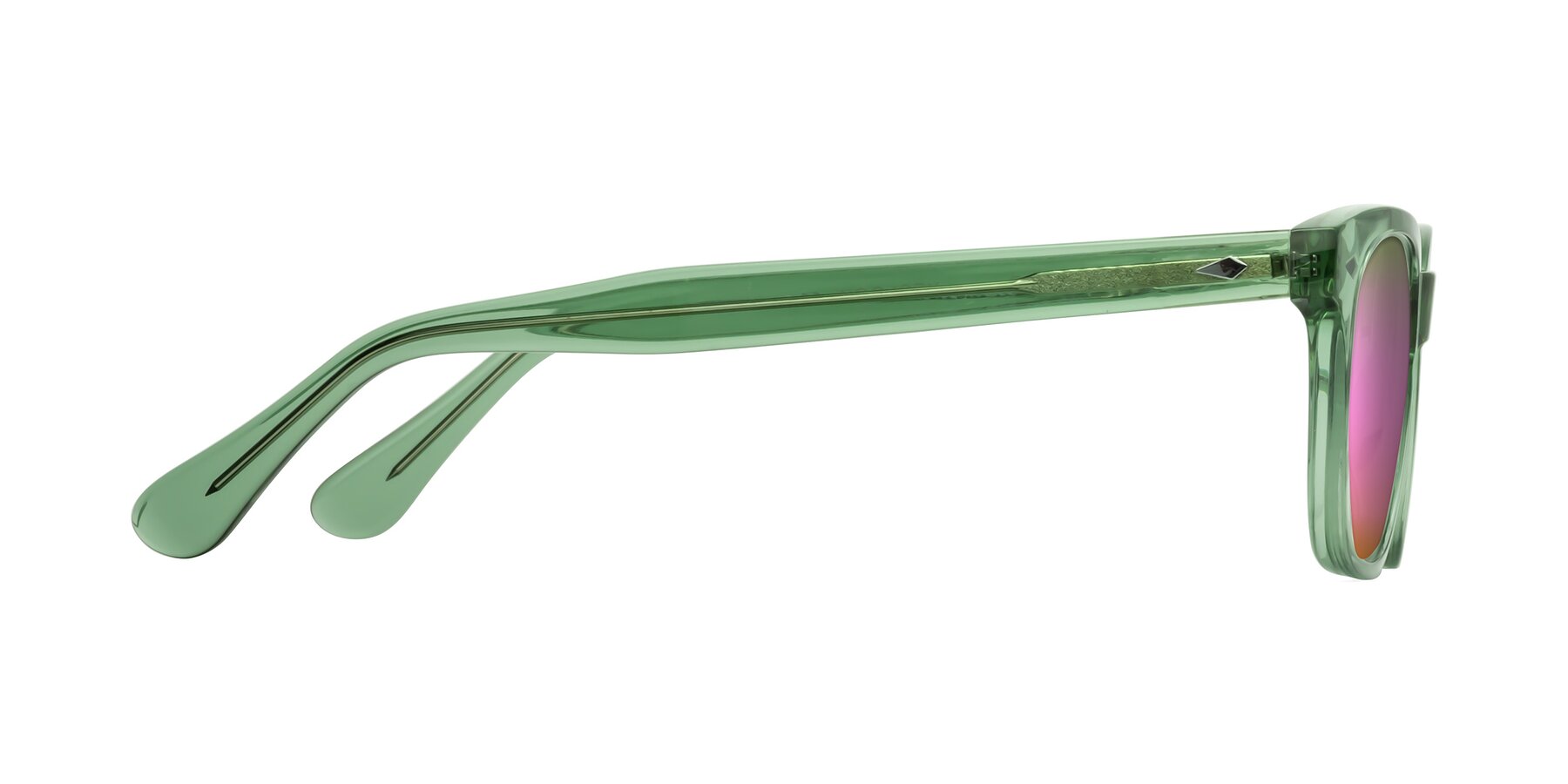 Side of Raemo in Transparent Green with Pink Mirrored Lenses