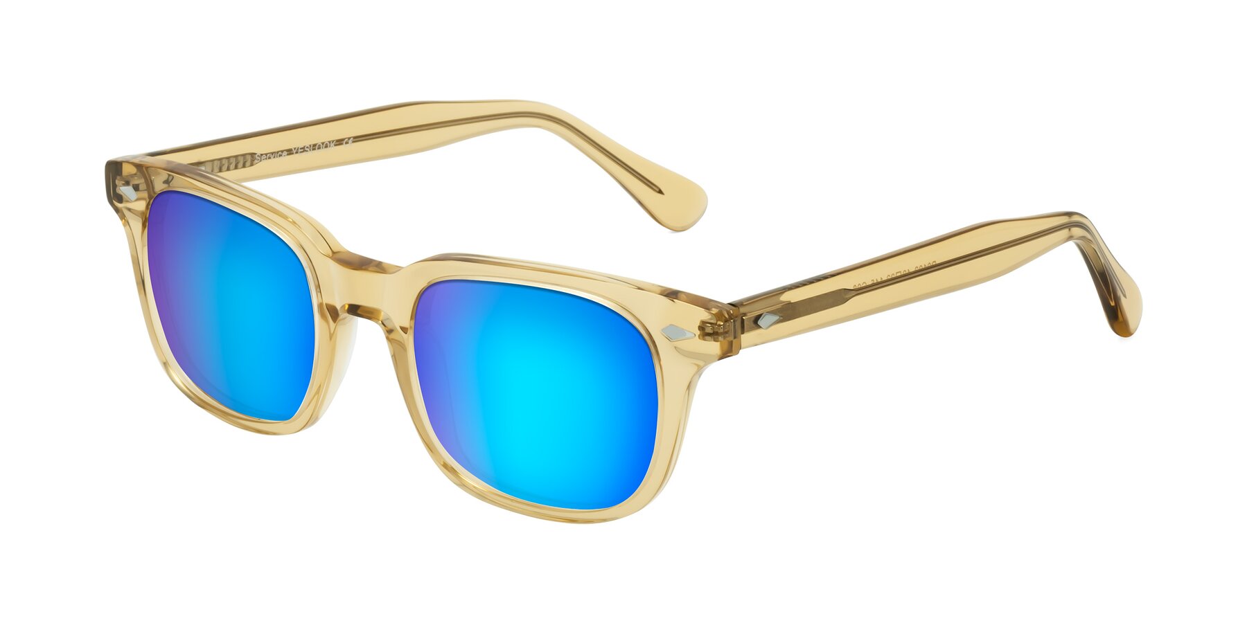 Angle of Raemo in Champagne with Blue Mirrored Lenses