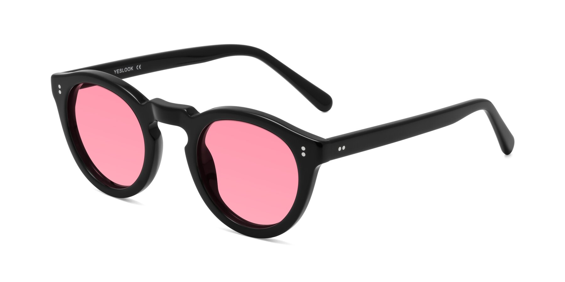 Angle of Annie in Black with Pink Tinted Lenses