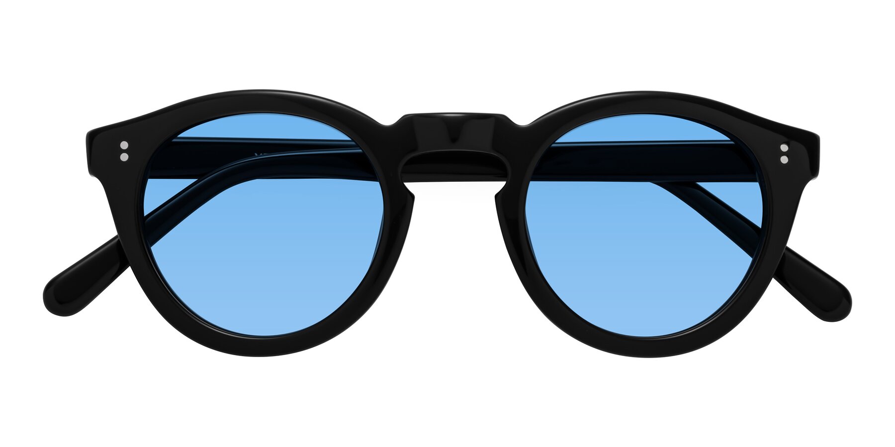 Folded Front of Annie in Black with Medium Blue Tinted Lenses