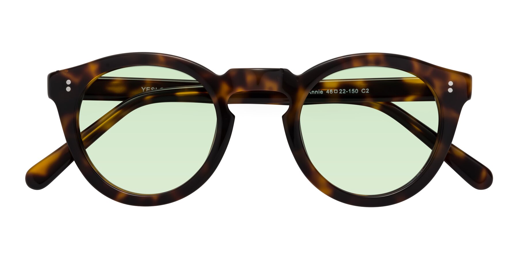 Folded Front of Annie in Tortoise with Light Green Tinted Lenses