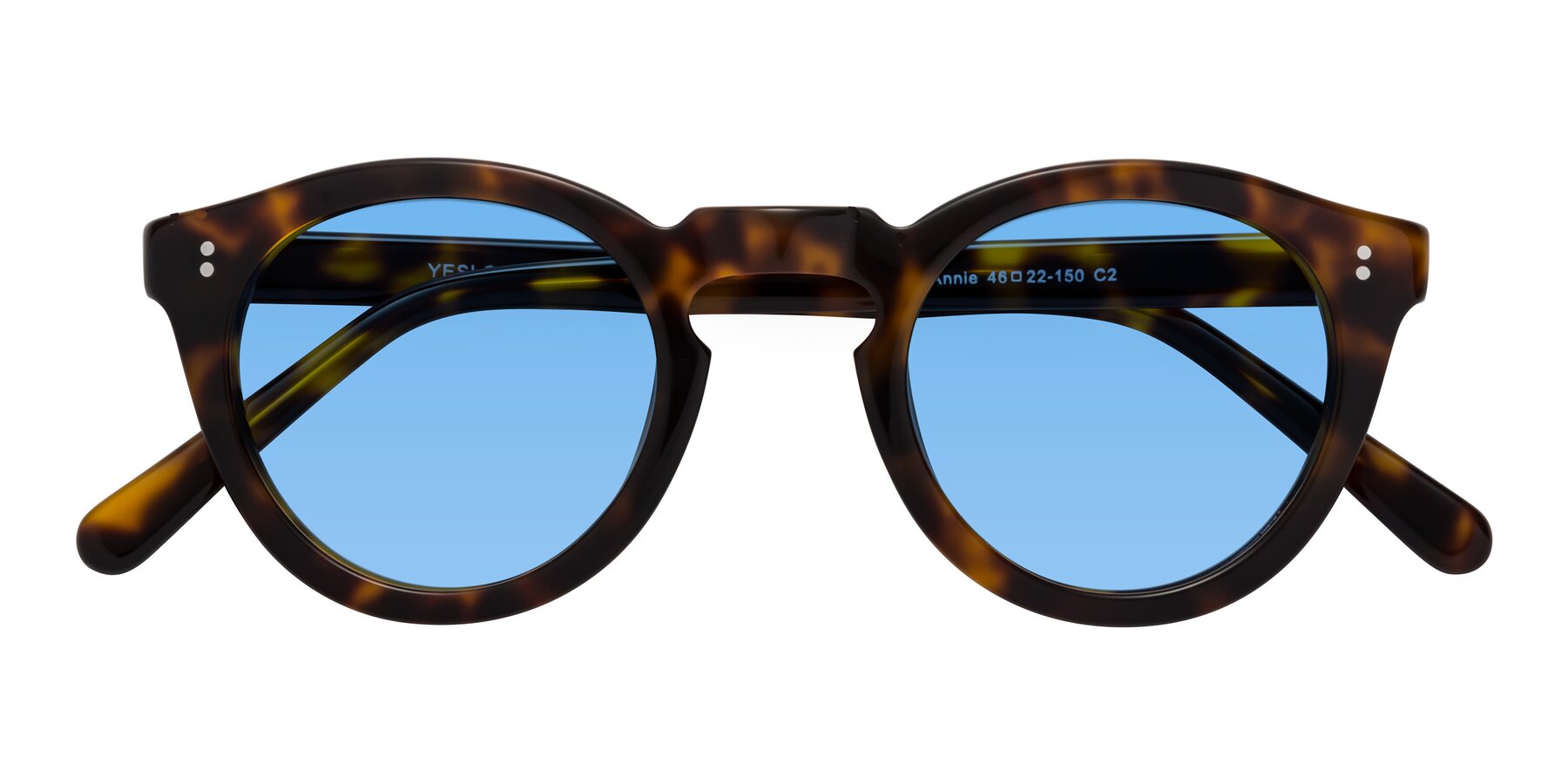 Folded Front of Annie in Tortoise with Medium Blue Tinted Lenses