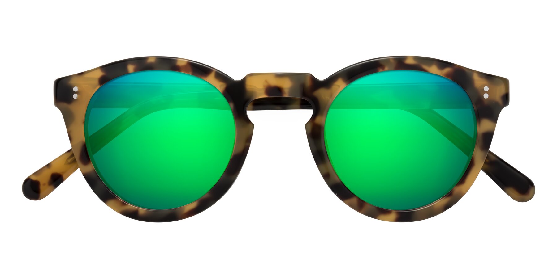 Folded Front of Annie in Golden Tortoise with Green Mirrored Lenses