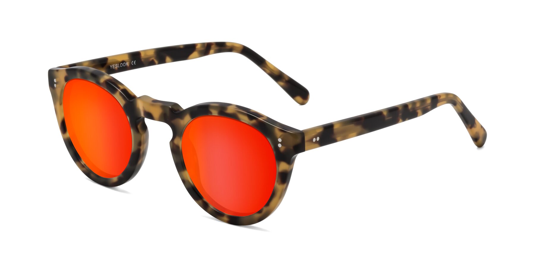 Angle of Annie in Golden Tortoise with Red Gold Mirrored Lenses