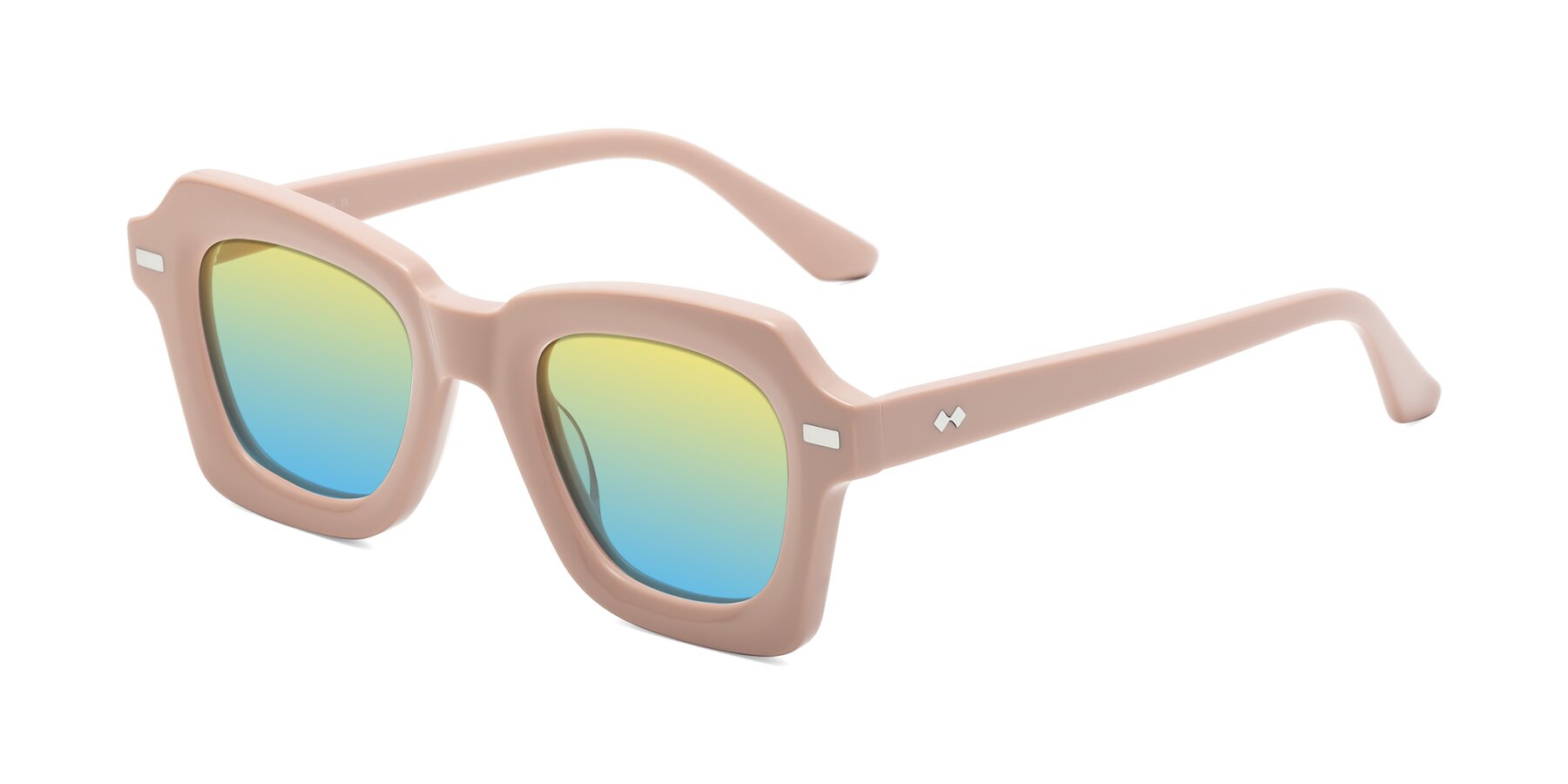Angle of Alden in Baby Pink with Yellow / Blue Gradient Lenses
