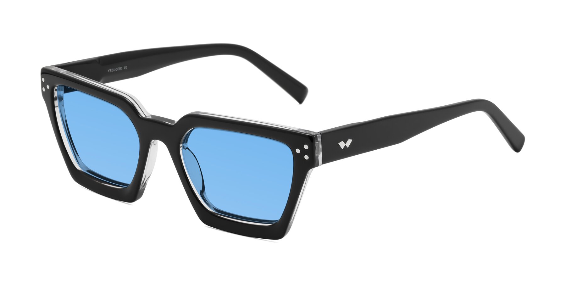 Black / Clear Hipster Acetate Trapezoid Tinted Sunglasses with Medium Blue Sunwear Lenses - Callan
